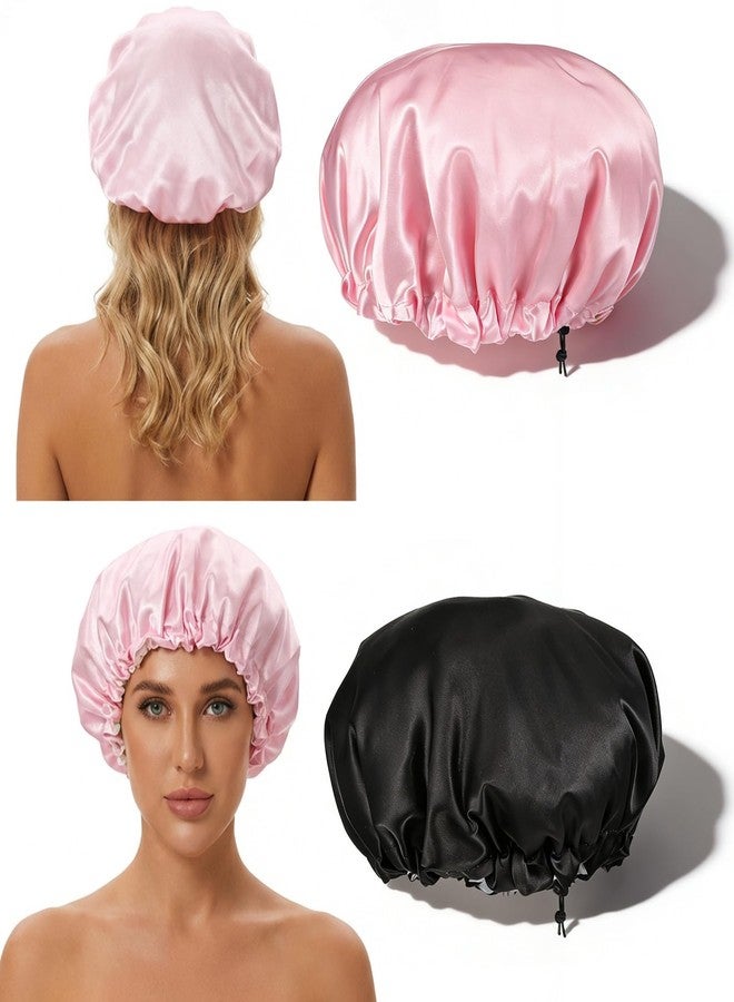 Molain 2Pcs Shower Cap for Women, Adjustable Reusable Extra Large Double-Layer Waterproof Lining for All Hair Lengths Black and Pink - Image 4